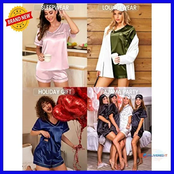 Silk Satin Pajama Set Short Sleeve V-Neck Lounge Sleepwear S-XXL